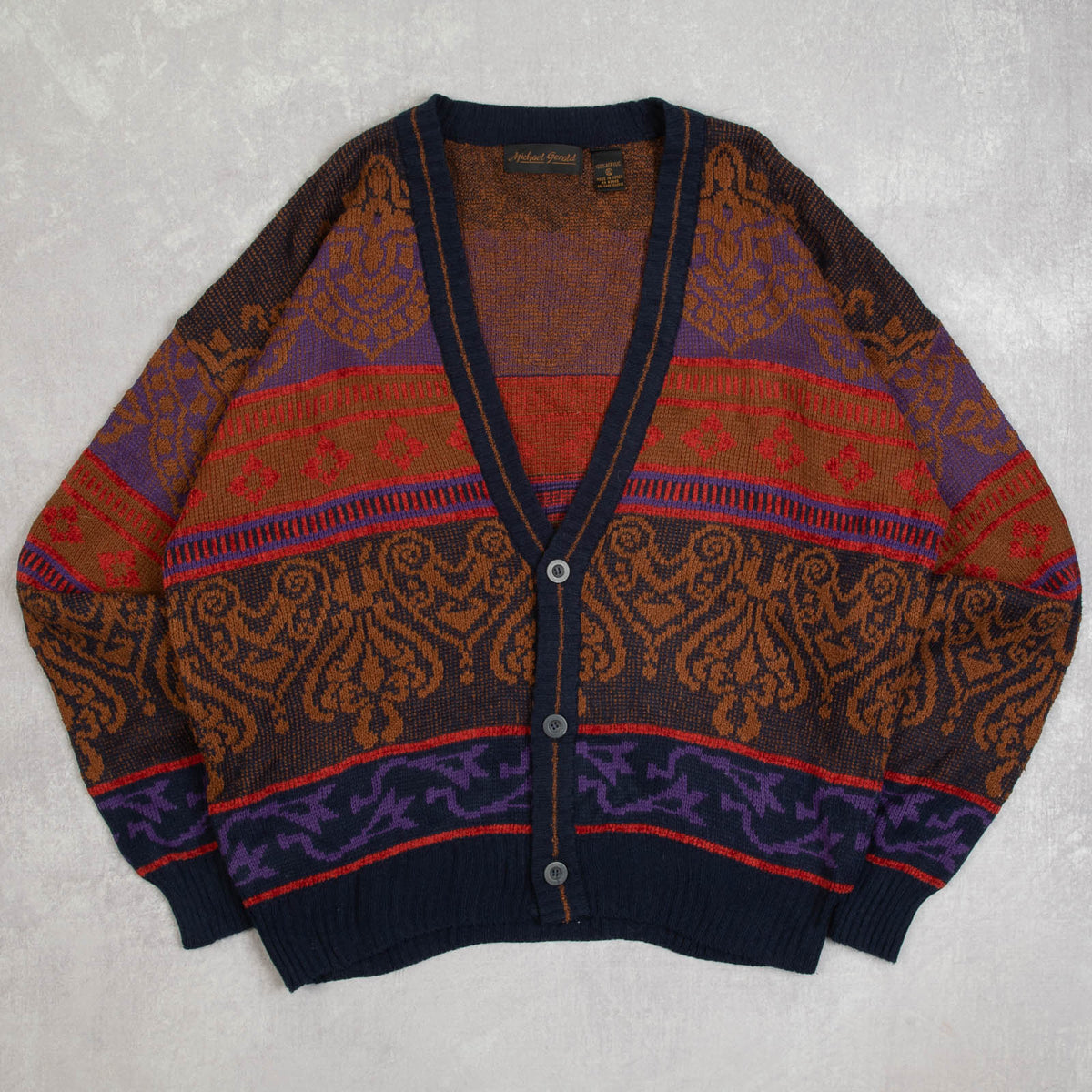 MEN'S VINTAGE 1990S STRUCTURED PATTERNED KNITTED CARDIGAN - X