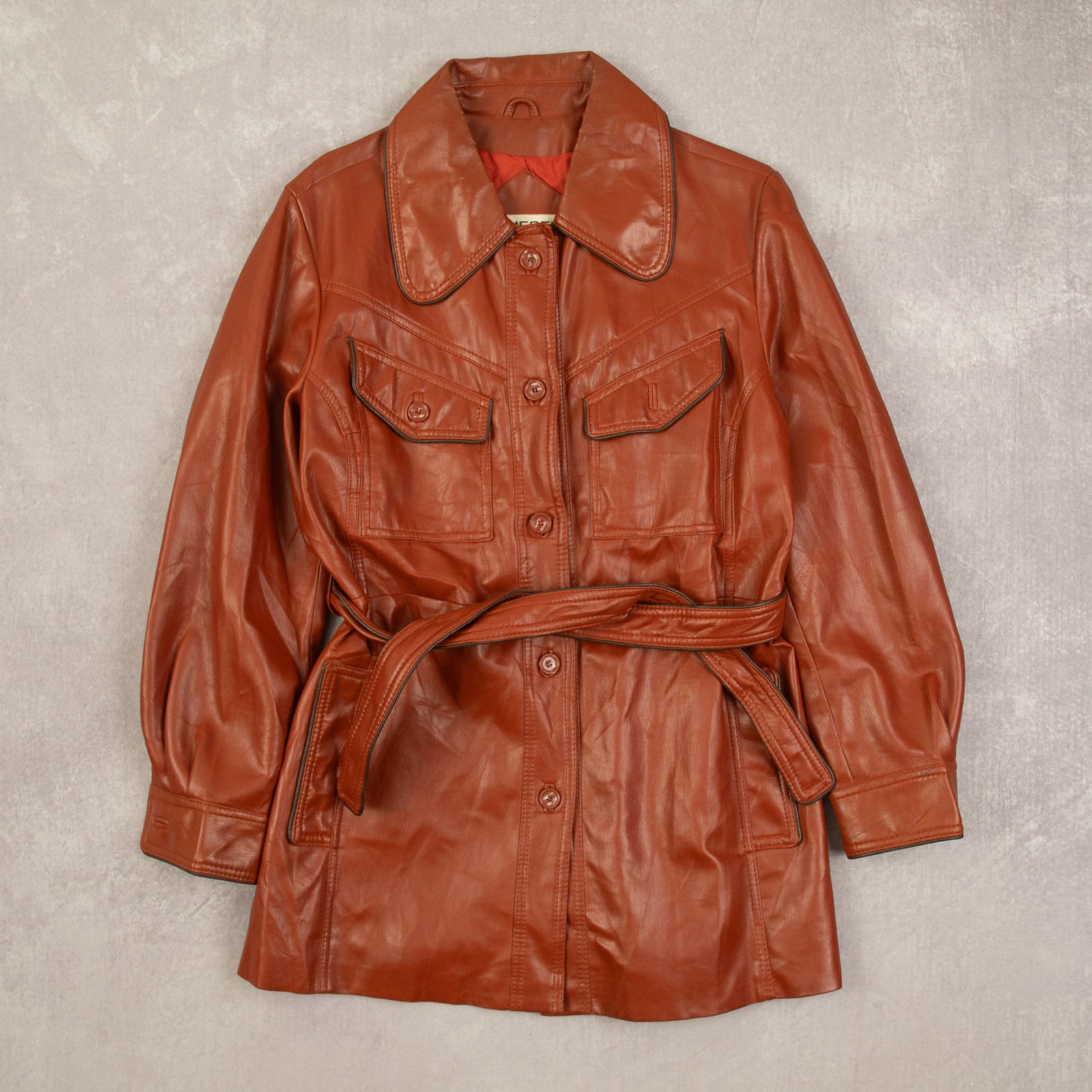 WOMEN'S VINTAGE 1970S FAUX LEATHER WESTERN BELTED JACKET MEDIUM